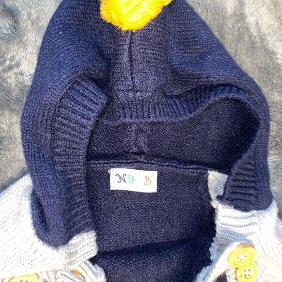 Adorable Baby Hooded Sweater Navy Blue Yellow '01' Sports Style Knit Jumper - Picture 4 of 11